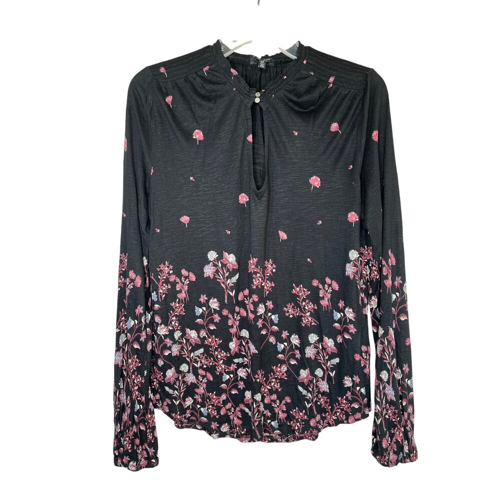 Lucky Brand long sleeve black floral top, keyhole neckline, size S, EUC